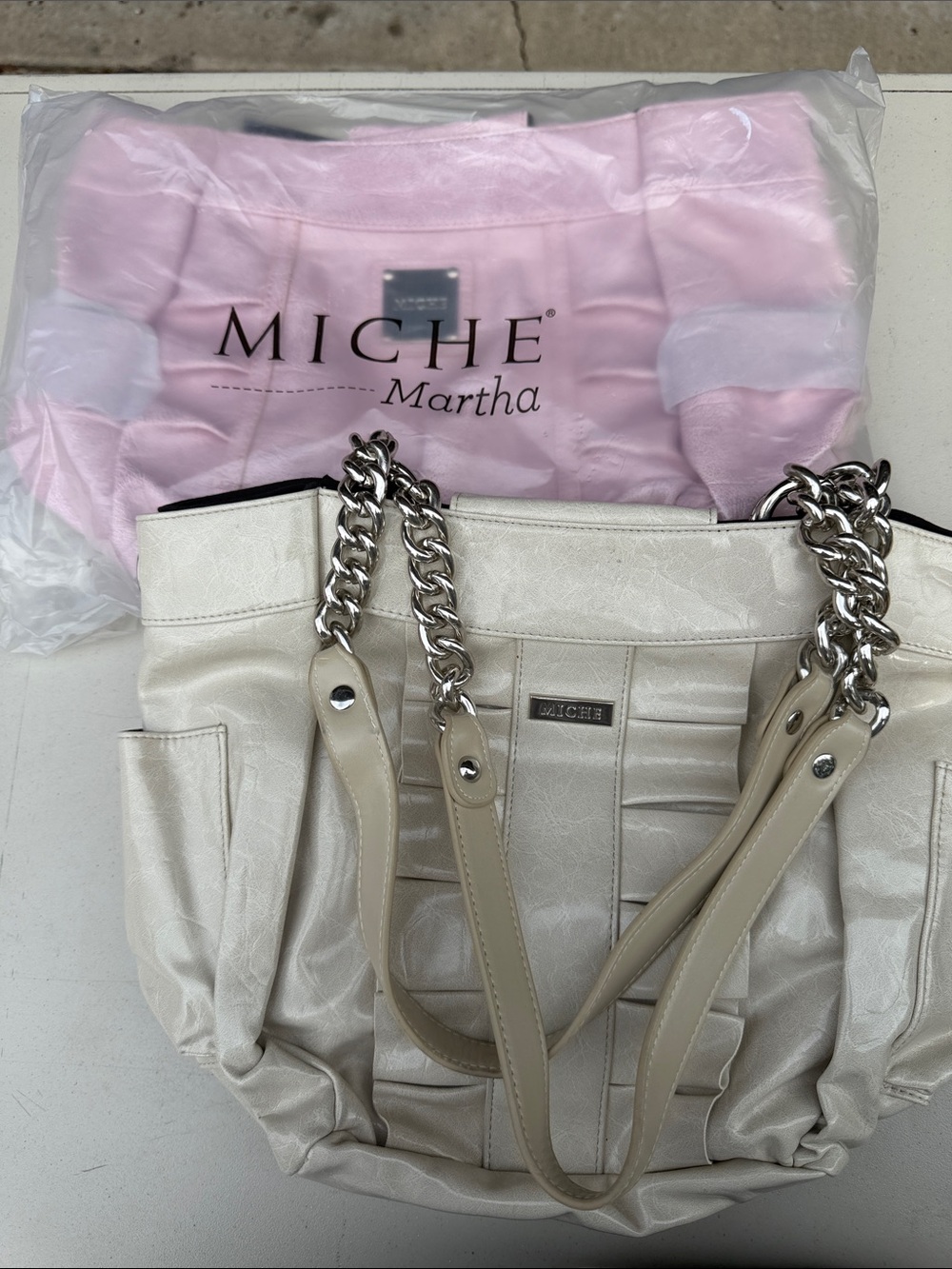 Miche Shoulder Tote with Silver Chain Handles and two shells